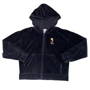 Vintage 90s Tweety Bird Looney Tunes Velour Zip Up Hooded Jacket